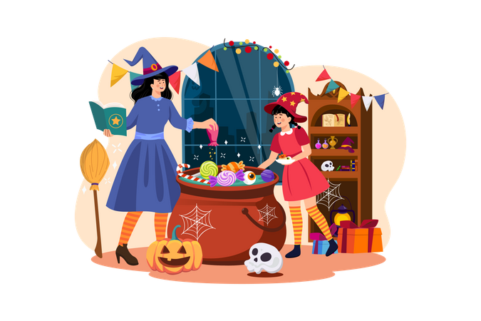 Mother And Daughter Are Preparing Food For The Halloween Party Illustration