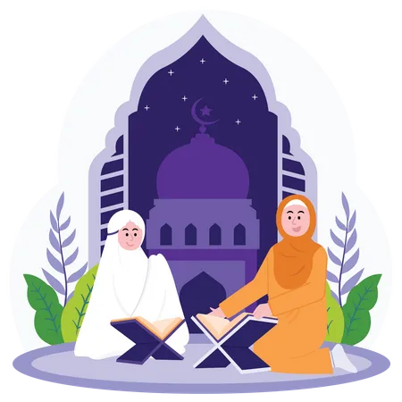 Mother And Daughter Are Reading Quran together  Illustration