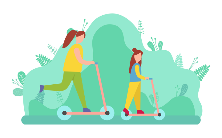 Mother and daughter are riding scooter in garden  Illustration