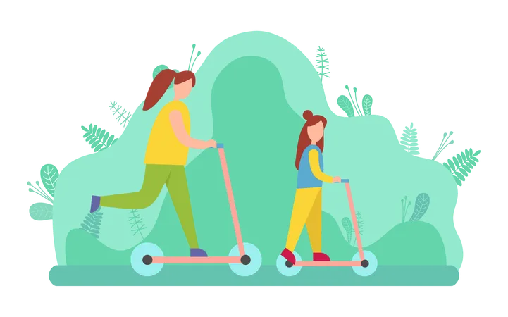 Mother and daughter are riding scooter in garden  Illustration