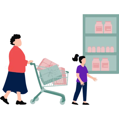 Mother And Daughter Are Shopping Illustration