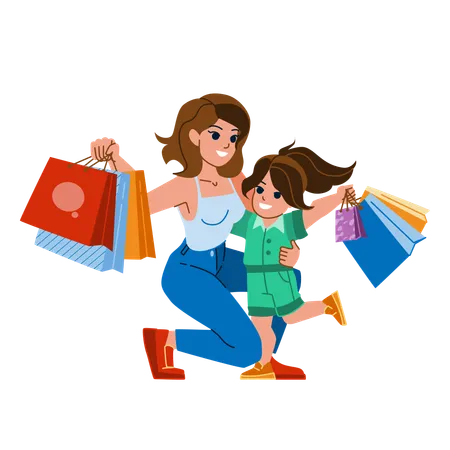 Mother Daughter Shopping Vector Family Happy Girl Woman Mall Mom Child Shop Mother Daughter Shopping Character People Flat Cartoon Illustration Illustration