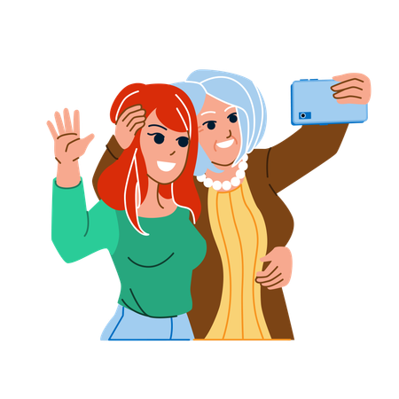 Mother and daughter are taking selfie  Illustration