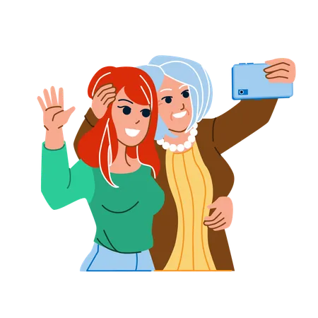 Mother and daughter are taking selfie  Illustration