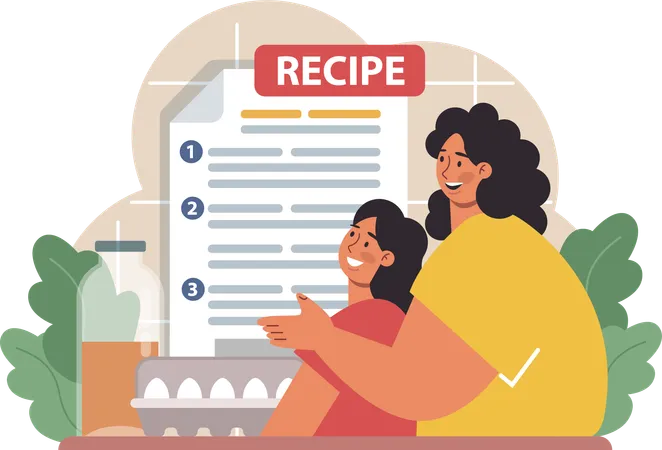 Mother and daughter are viewing food recipe  Illustration