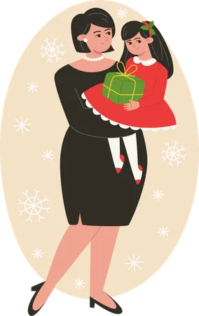 Mother And Daughter At Christmas Illustration In Flat Style Illustration