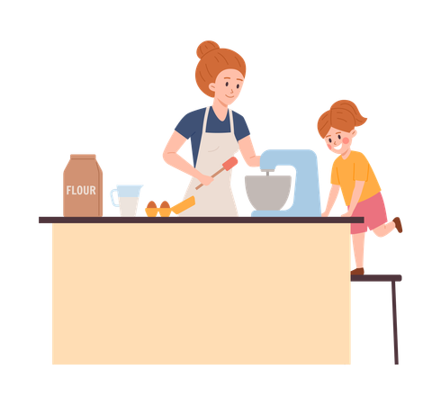 Mother and daughter at kitchen bake cake beat ingredients in mixer  Illustration