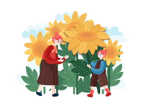 Mother and daughter at sunflower garden  Illustration