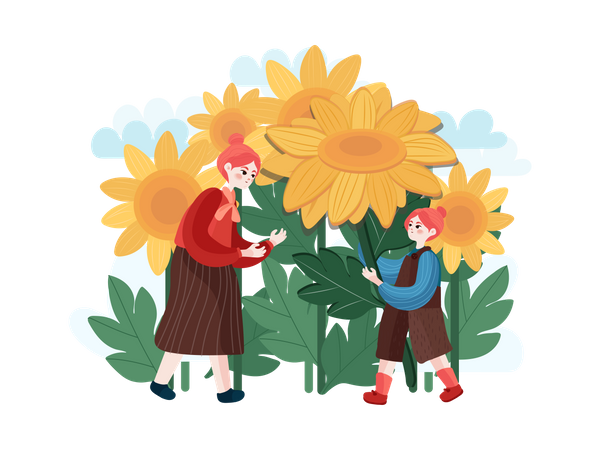 Mother and daughter at sunflower garden  Illustration