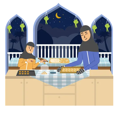 Mother and Daughter Bake Eid Cookies Together in Anticipation of Eid al-Fitr  Illustration