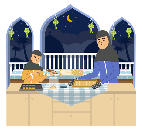 Mother and Daughter Bake Eid Cookies Together in Anticipation of Eid al-Fitr  イラスト