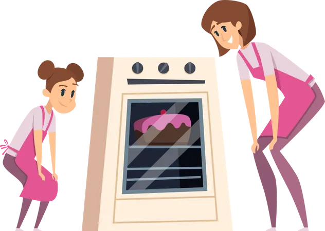 Mother and daughter baking cake Illustration