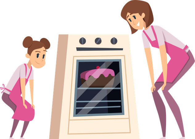 Mother and daughter baking cake  Illustration