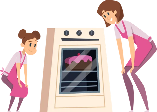 Mother and daughter baking cake  Illustration