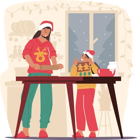 Mother and daughter baking cookies together Illustration