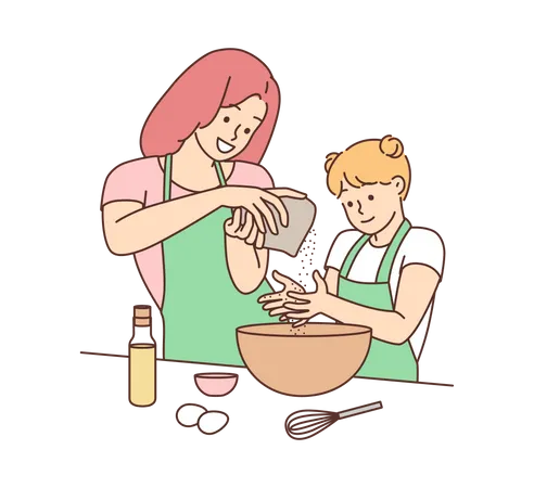 엄마와 딸이 음식을 굽고 있다  일러스트레이션