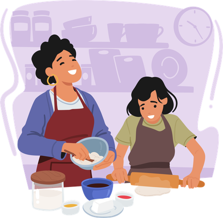 Mother And Daughter Bond In The Kitchen  Illustration