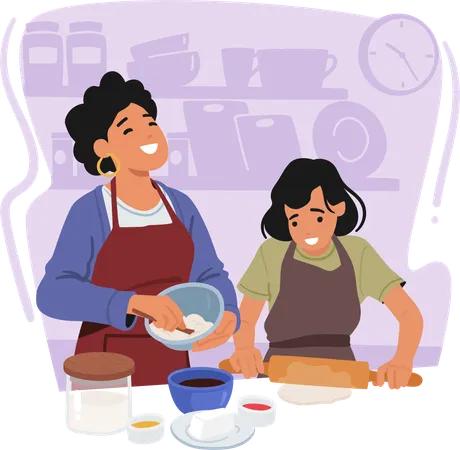 Mother And Daughter Bond In The Kitchen  Illustration