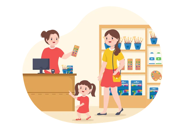 Mother and daughter buying Drawing Supplies  Illustration