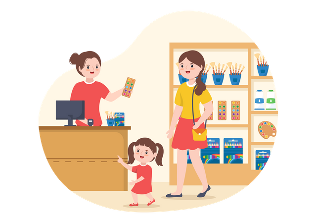 Mother and daughter buying Drawing Supplies  Illustration