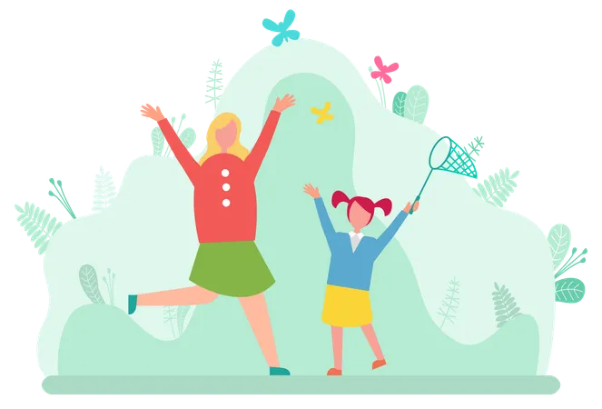 Mother And Daughter Catching Butterflies In Net Isolated Cartoon Style Happy People Vector Mom And Girl Spend Time Together Leisure And Pastime On Nature Illustration