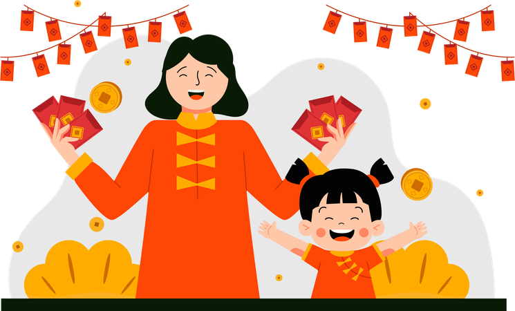 Mother and daughter celebrate lunar new year  Illustration