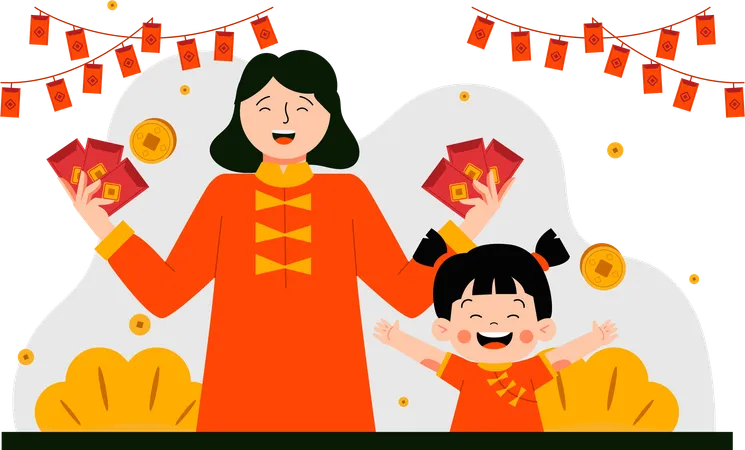 Mother and daughter celebrate lunar new year  Illustration