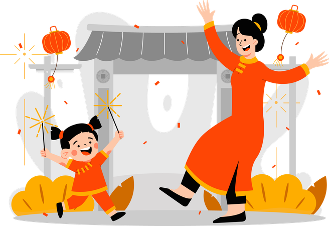 Mother and daughter celebrate Lunar New Years  Illustration