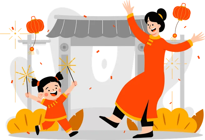 Mother and daughter celebrate Lunar New Years  Illustration