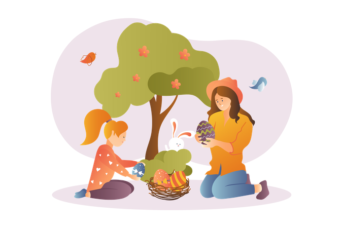 Mother and daughter celebrating easter  Illustration