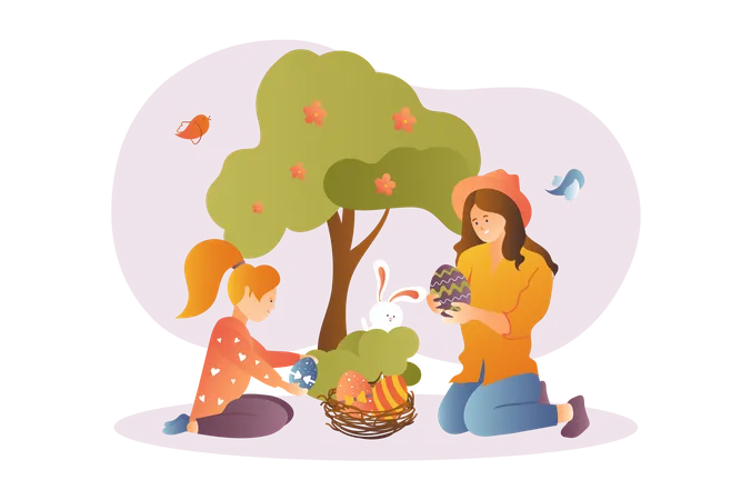 Mother and daughter celebrating easter  Illustration