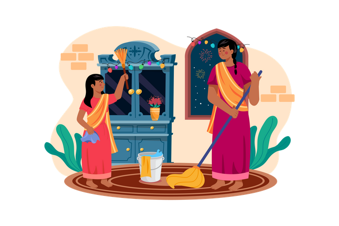 Mother and daughter cleaning home before Diwali arrival  Illustration