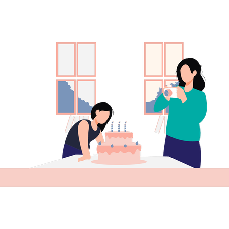 Mother and daughter clicking cake pictures  Illustration