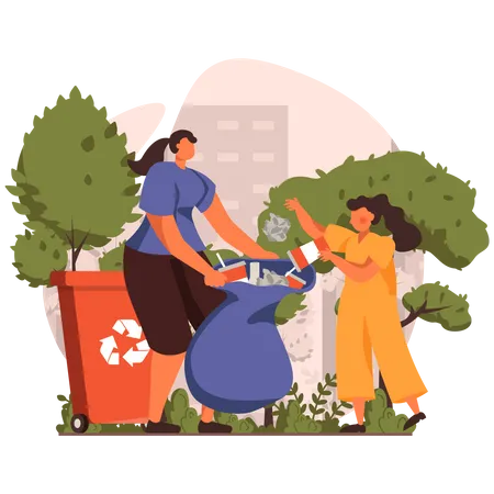 Mother and daughter collecting waste Illustration