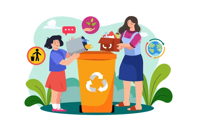 Mother And Daughter Collecting Waste  Illustration