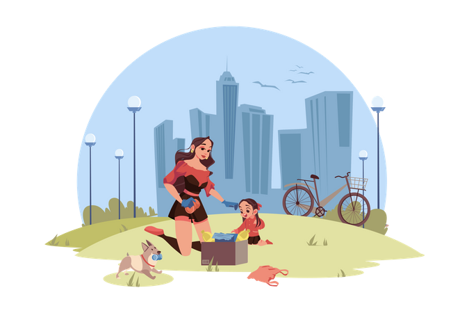 Mother And Daughter Collecting Waste  Illustration