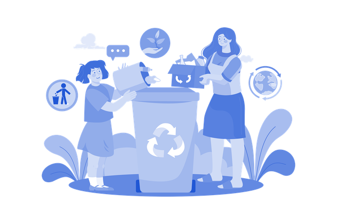 Mother And Daughter Collecting Waste  Illustration