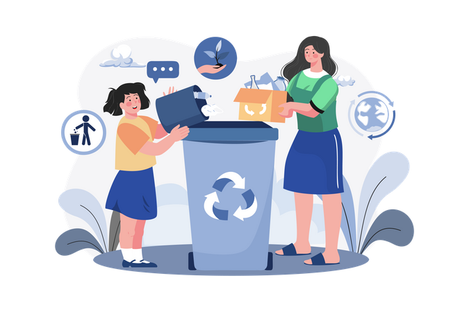 Mother And Daughter Collecting Waste  Illustration