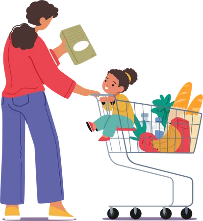 Mother And Daughter Comfortably Seated In Shopping Cart  Illustration