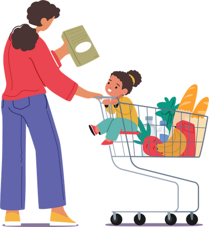 Mother And Daughter Comfortably Seated In Shopping Cart  Illustration