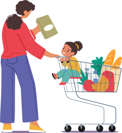 Mother And Daughter Comfortably Seated In Shopping Cart  Illustration