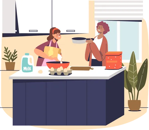 Mother and daughter cooking at home on kitchen Illustration