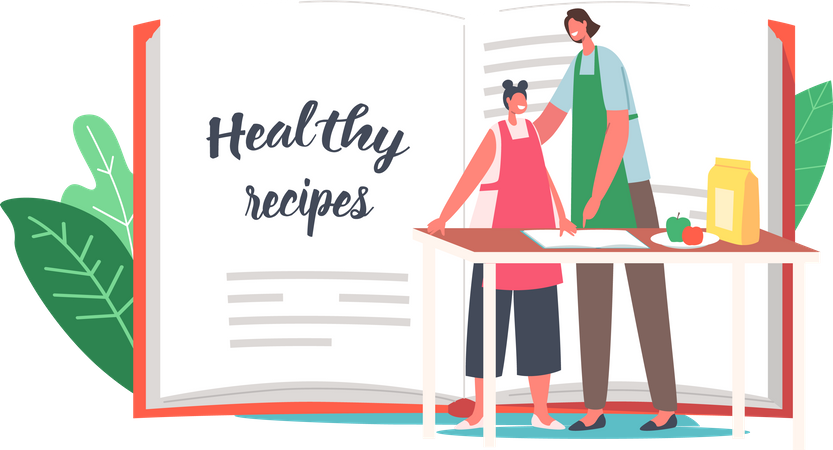 Mother and daughter cooking healthy recipe Illustration