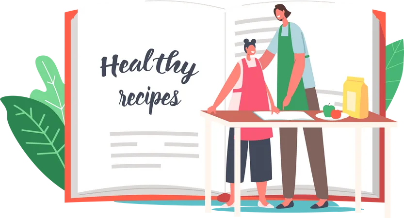 Mother and daughter cooking healthy recipe  Illustration