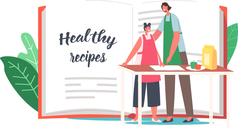 Mother and daughter cooking healthy recipe  일러스트레이션
