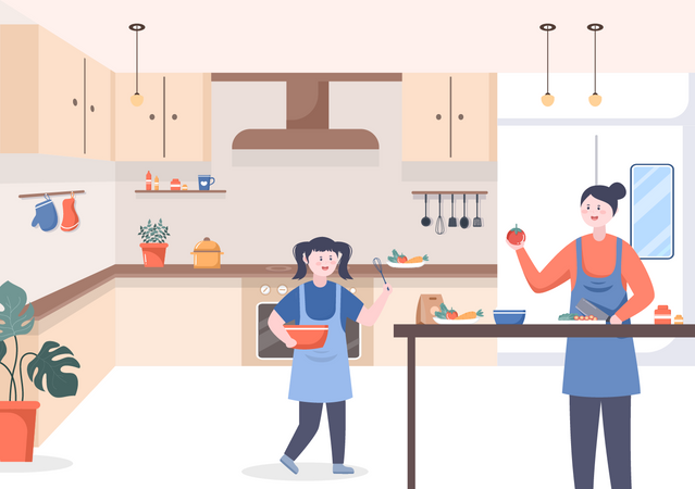 Mother and daughter cooking together Illustration