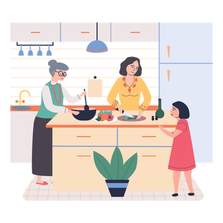 Mother and daughter cooking together Illustration