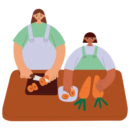 Mother And Daughter Cooking Together Vector Illustration In Flat Color Design Illustration