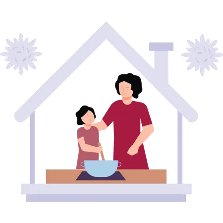 Mother and daughter cooking together at home Illustration