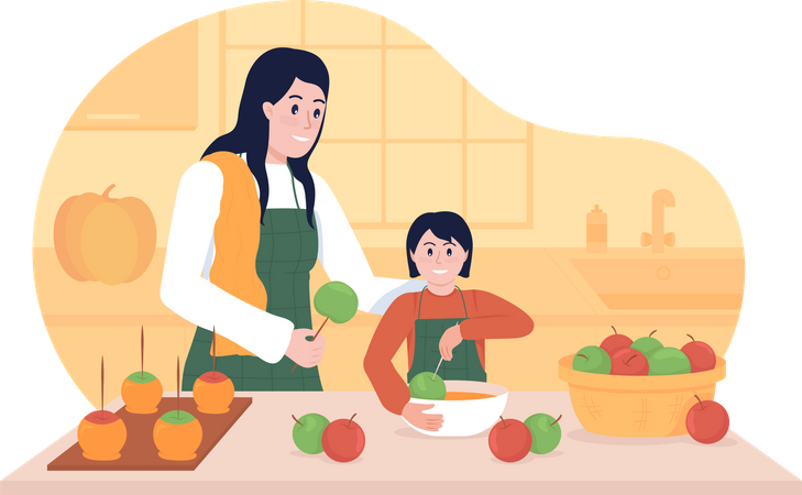 Mother and daughter cooking together  Illustration